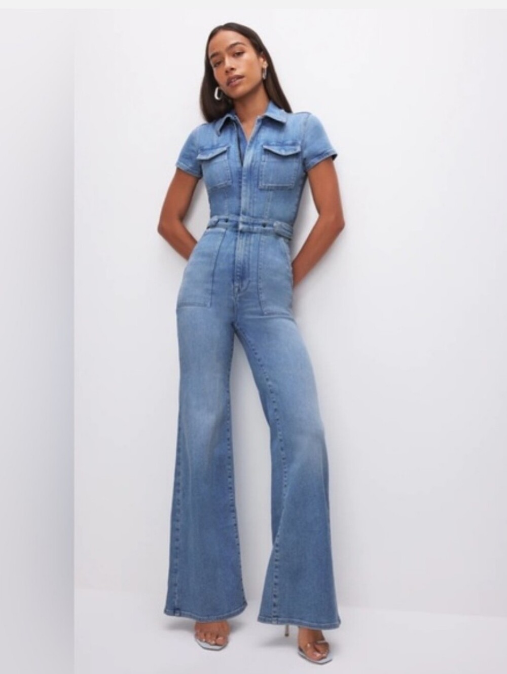 Good American Light Blue Denim Wide-Leg Jumpsuit